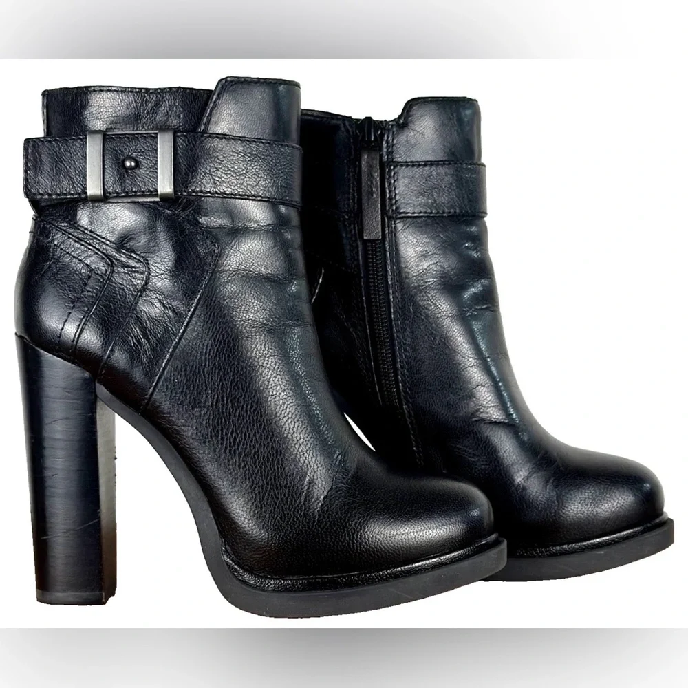 Nine West Sherbert Boots Women 5 Black Leather Moto Buckle Ankle Heeled Bootie